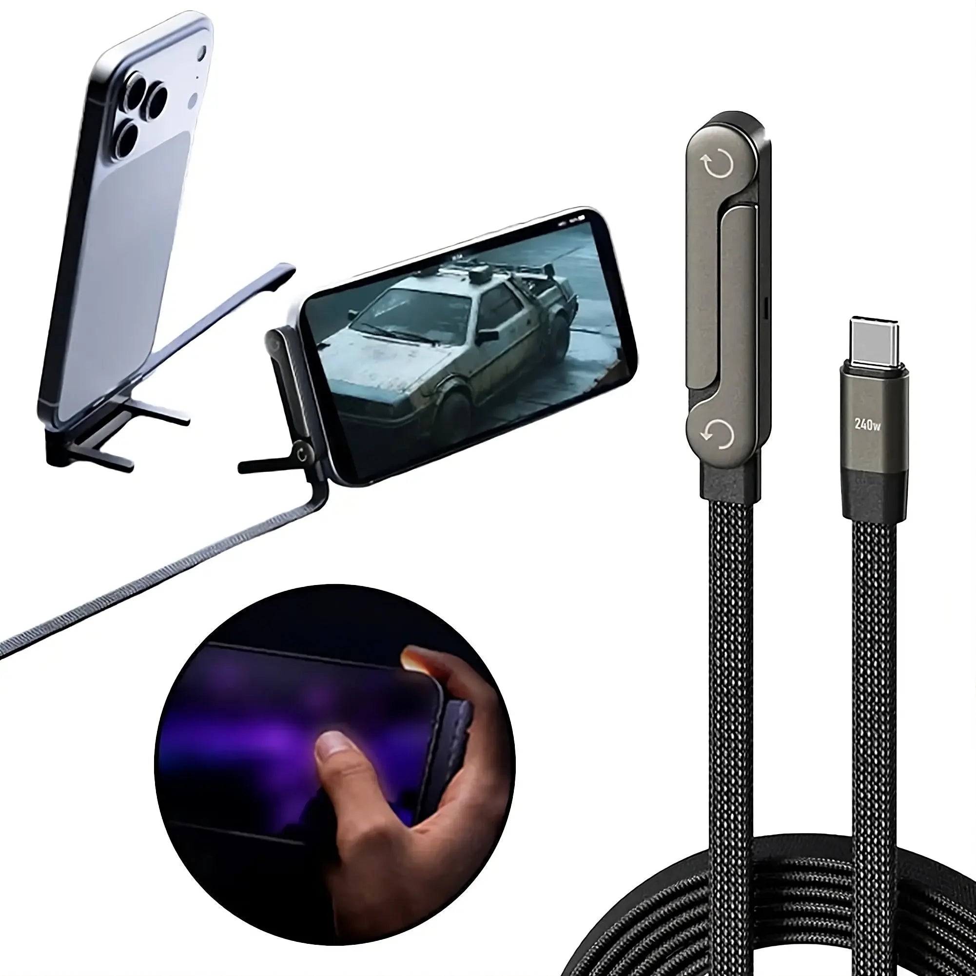 Global Prime Essential 2-in-1 charging cable stand and phone tablet holder with integrated charger, showing device placement and cable.