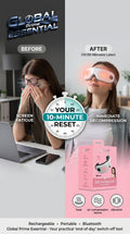 Global Prime Essential Electric Eye Massager shown on a user’s face, designed to reduce screen fatigue with a comfortable, ergonomic fit.