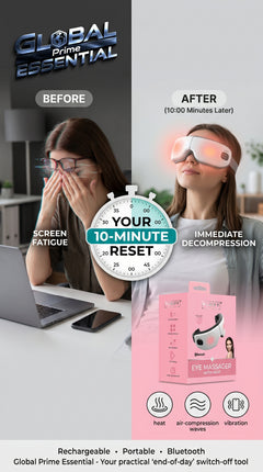 Global Prime Essential Electric Eye Massager shown on a user’s face, designed to reduce screen fatigue with a comfortable, ergonomic fit.