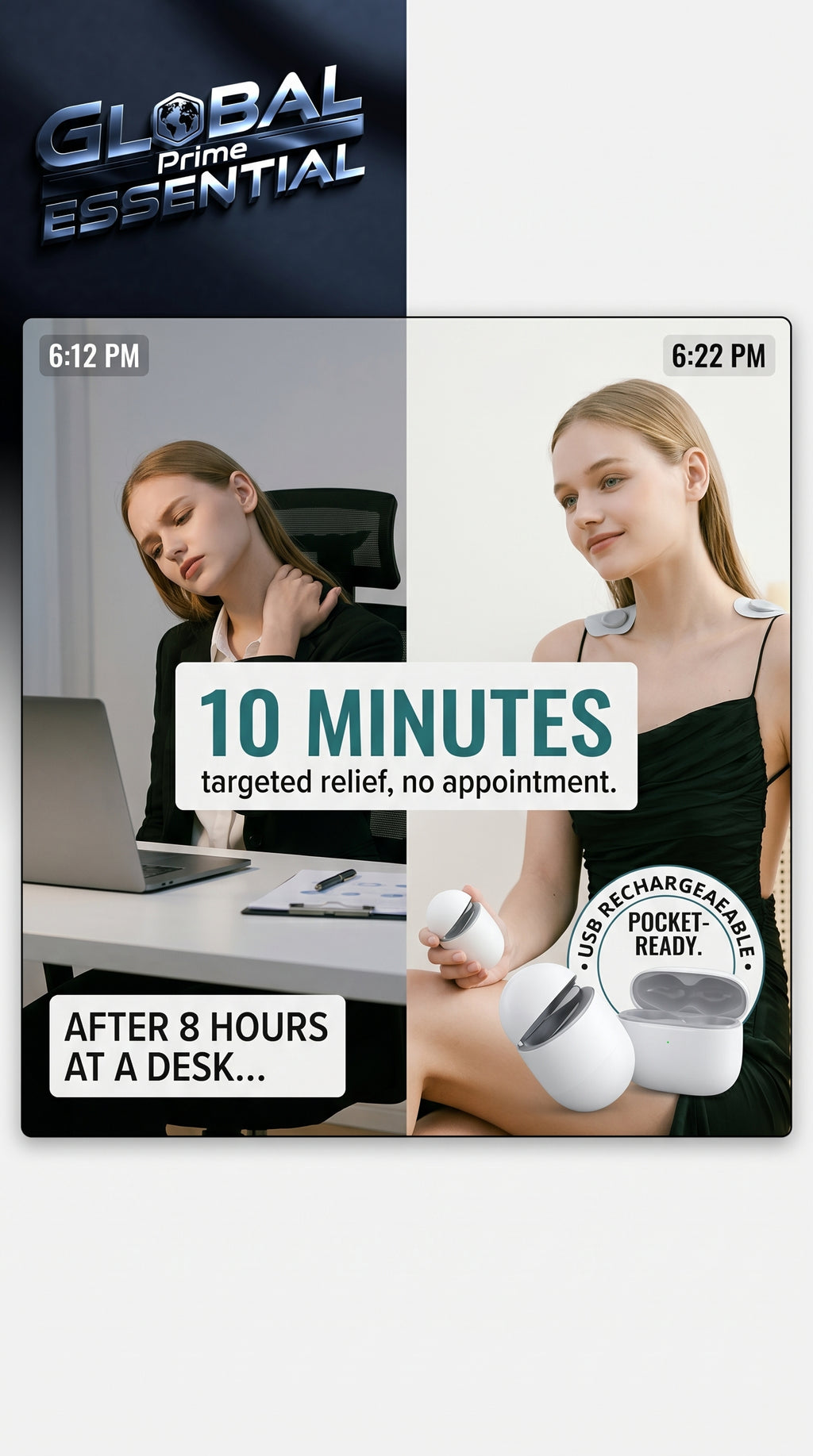 Global Prime Essential Portable Pulse EMS Massager shown on a desk, used for quick pain relief and muscle stimulation.