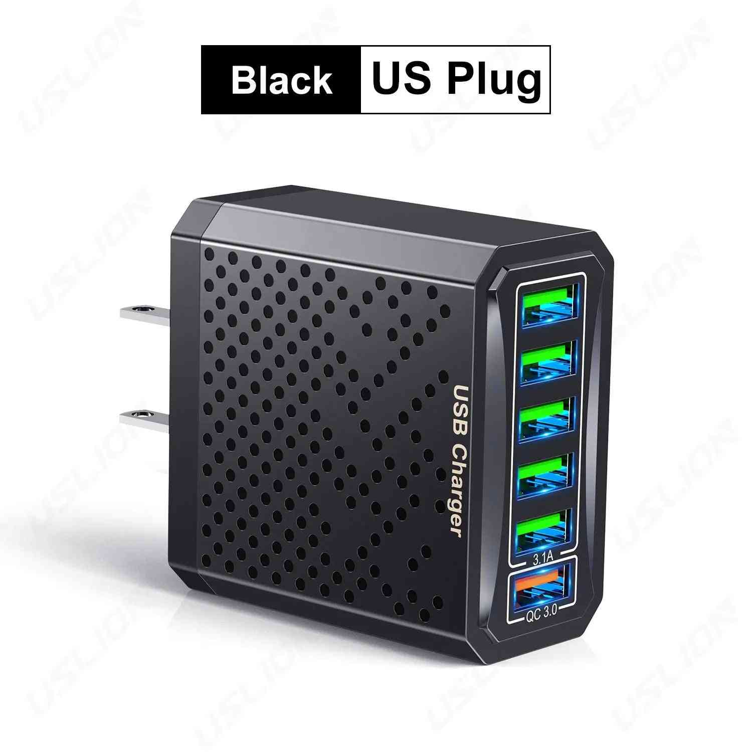 6-in-1 USB Fast Charger Adapter – QC3.0, 6 Ports, EU/US/UK/KR Plug, Multi-Device Charging