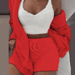 Women’s 3-Piece Knit Pajama Set – V-Neck Crop Top, Long Sleeve & Shorts, Cozy Loungewear