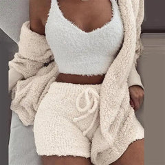 Women’s 3-Piece Knit Pajama Set – V-Neck Crop Top, Long Sleeve & Shorts, Cozy Loungewear
