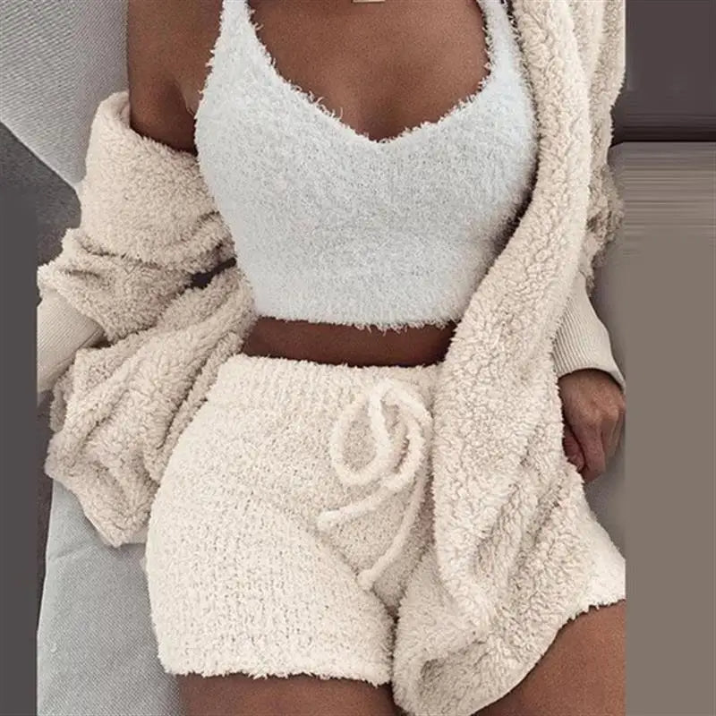 Women’s 3-Piece Knit Pajama Set – V-Neck Crop Top, Long Sleeve & Shorts, Cozy Loungewear