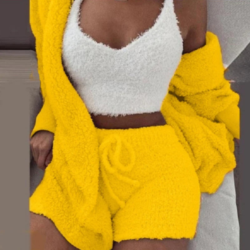 Women’s 3-Piece Knit Pajama Set – V-Neck Crop Top, Long Sleeve & Shorts, Cozy Loungewear