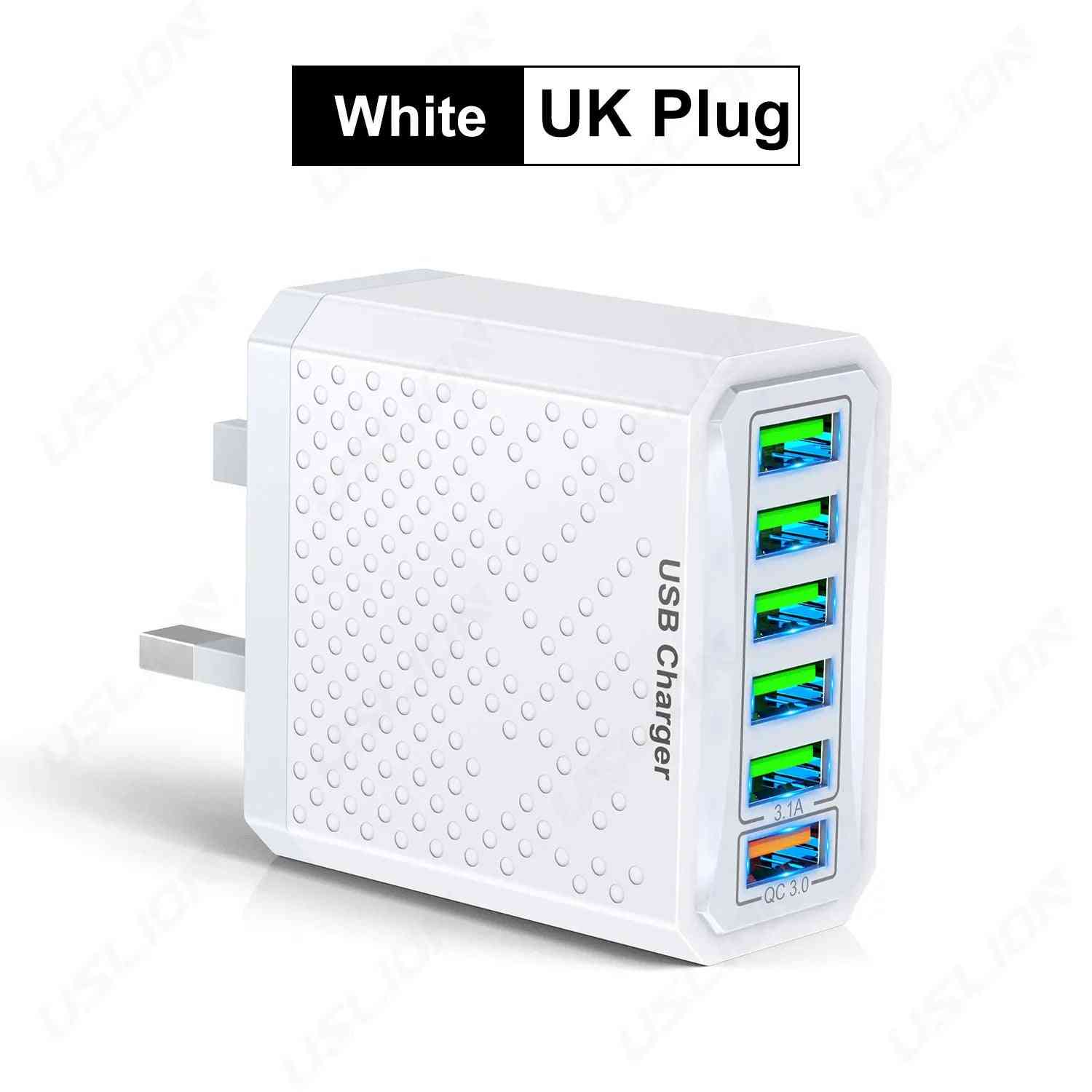 6-in-1 USB Fast Charger Adapter – QC3.0, 6 Ports, EU/US/UK/KR Plug, Multi-Device Charging