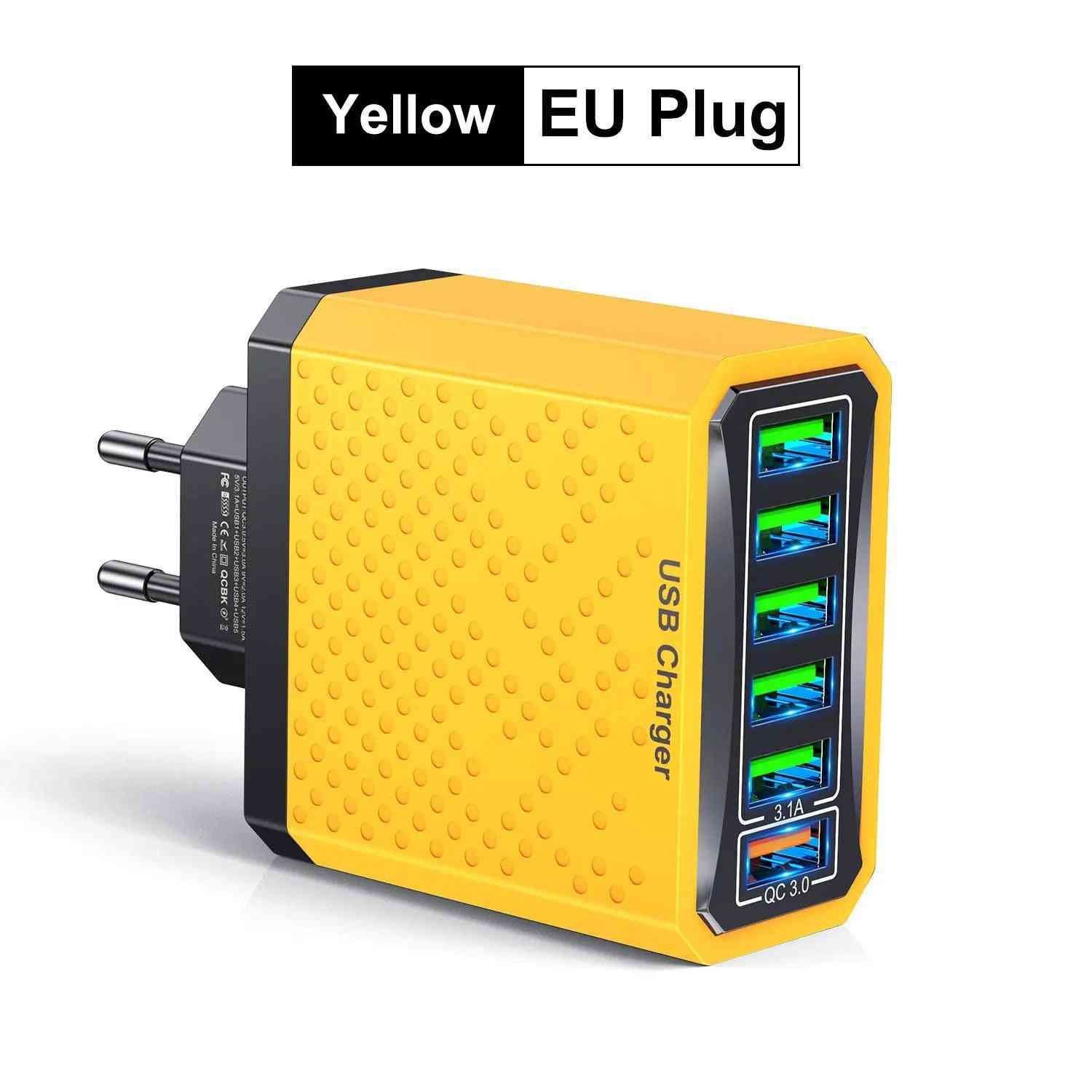 6-in-1 USB Fast Charger Adapter – QC3.0, 6 Ports, EU/US/UK/KR Plug, Multi-Device Charging