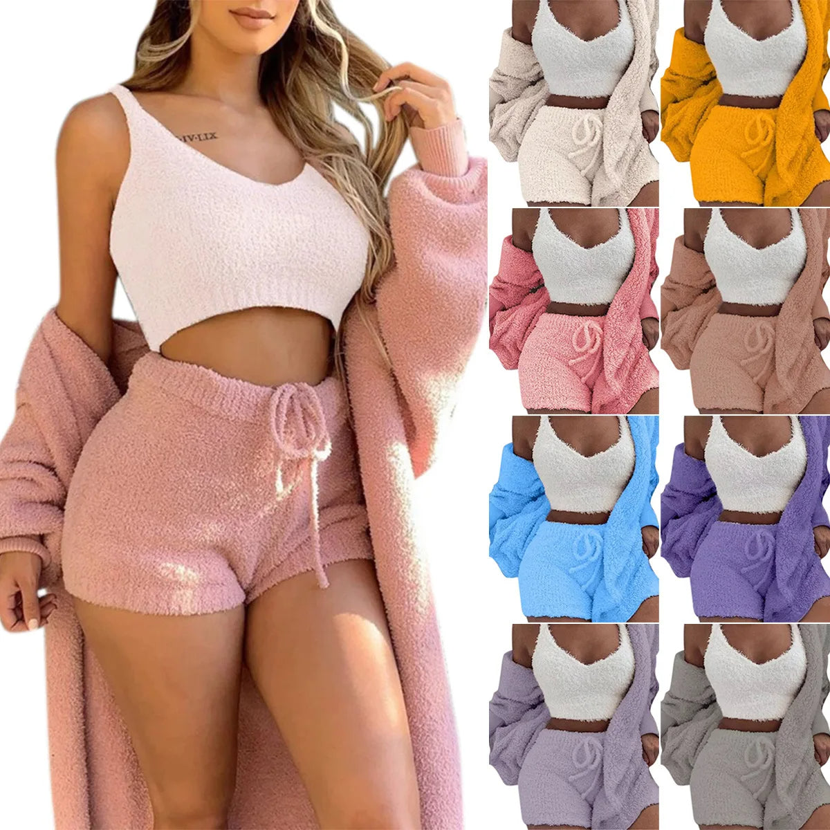 Women’s 3-Piece Knit Pajama Set – V-Neck Crop Top, Long Sleeve & Shorts, Cozy Loungewear
