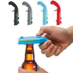 Global Prime Essential Cap Gun Bottle Opener with pull-release mechanism, ideal for parties and BBQs, featuring a fun, gun-shaped design.