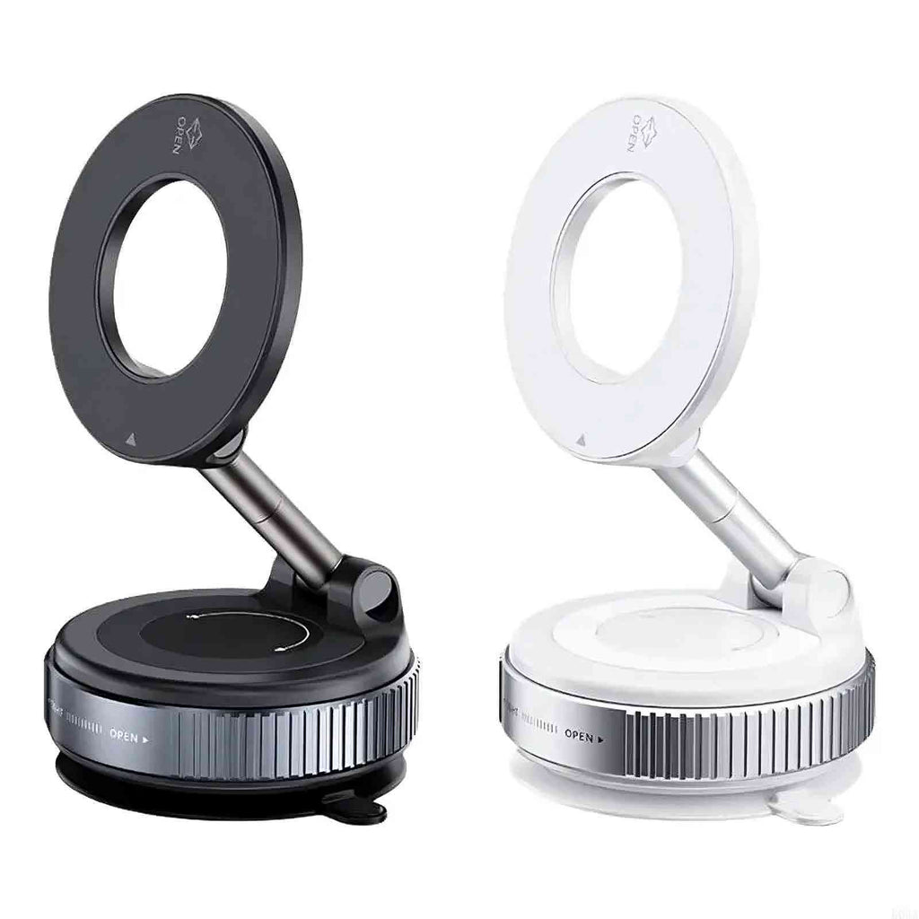 Global Prime Essential MagSafe-compatible vacuum magnetic phone holder with 360° adjustable mount on a car dashboard.