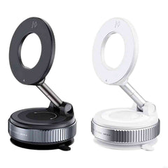Global Prime Essential MagSafe-compatible vacuum magnetic phone holder with 360° adjustable mount on a car dashboard.