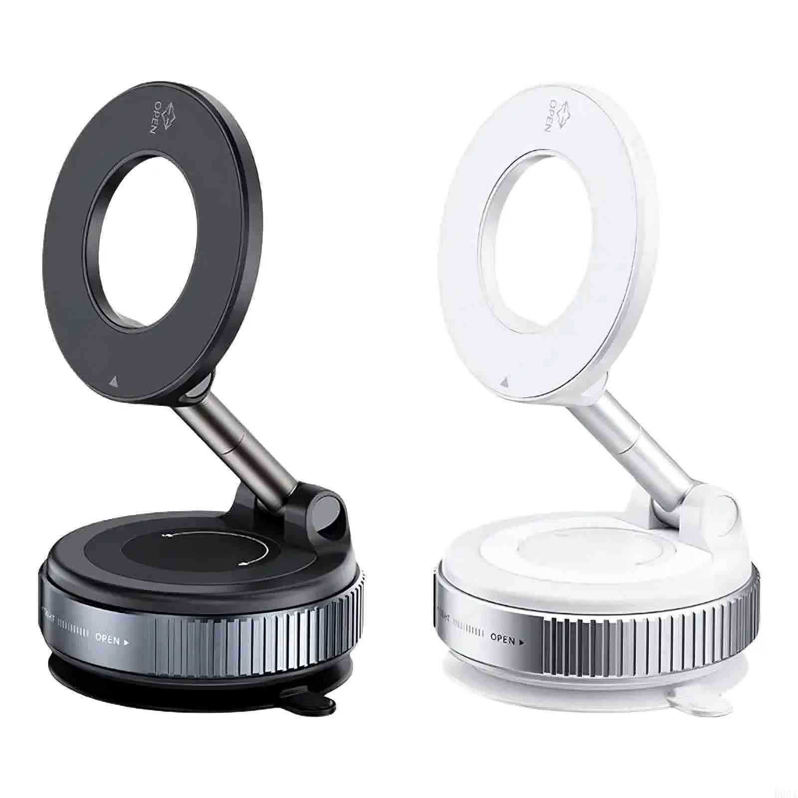 Global Prime Essential MagSafe-compatible vacuum magnetic phone holder with 360° adjustable mount on a car dashboard.