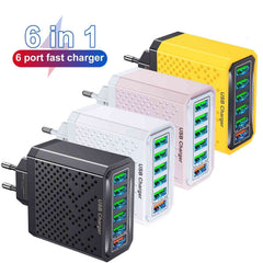 6-in-1 USB Fast Charger Adapter – QC3.0, 6 Ports, EU/US/UK/KR Plug, Multi-Device Charging