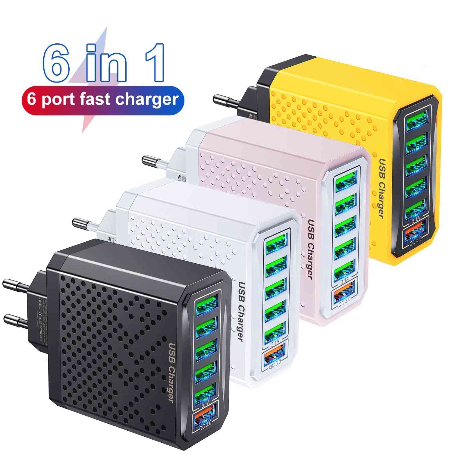 6-in-1 USB Fast Charger Adapter – QC3.0, 6 Ports, EU/US/UK/KR Plug, Multi-Device Charging