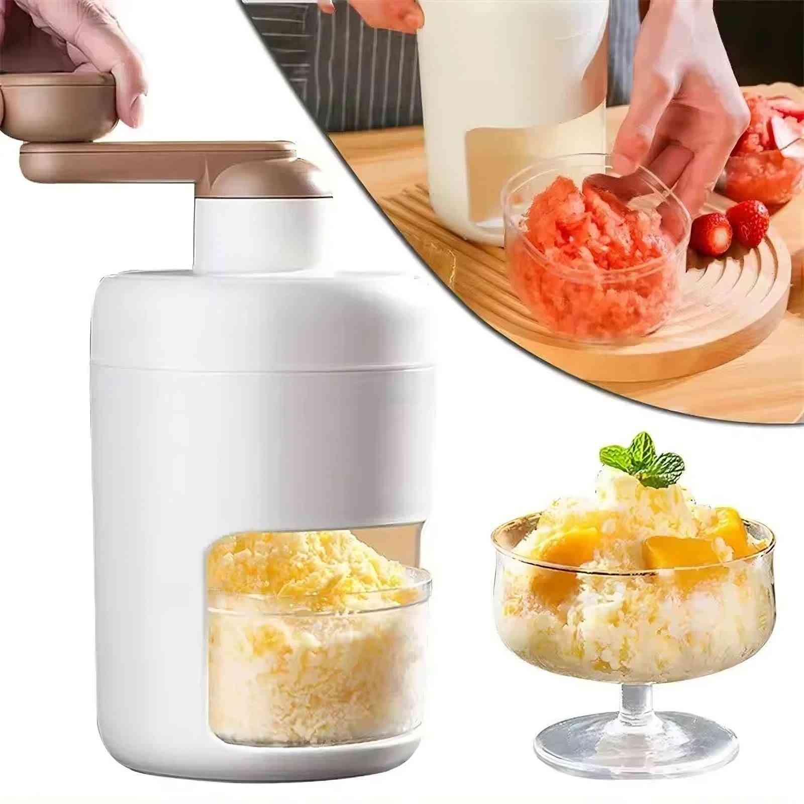 Global Prime Essential hand crank ice crusher and slushie maker with a metal bowl and handle for manual snow cone preparation.