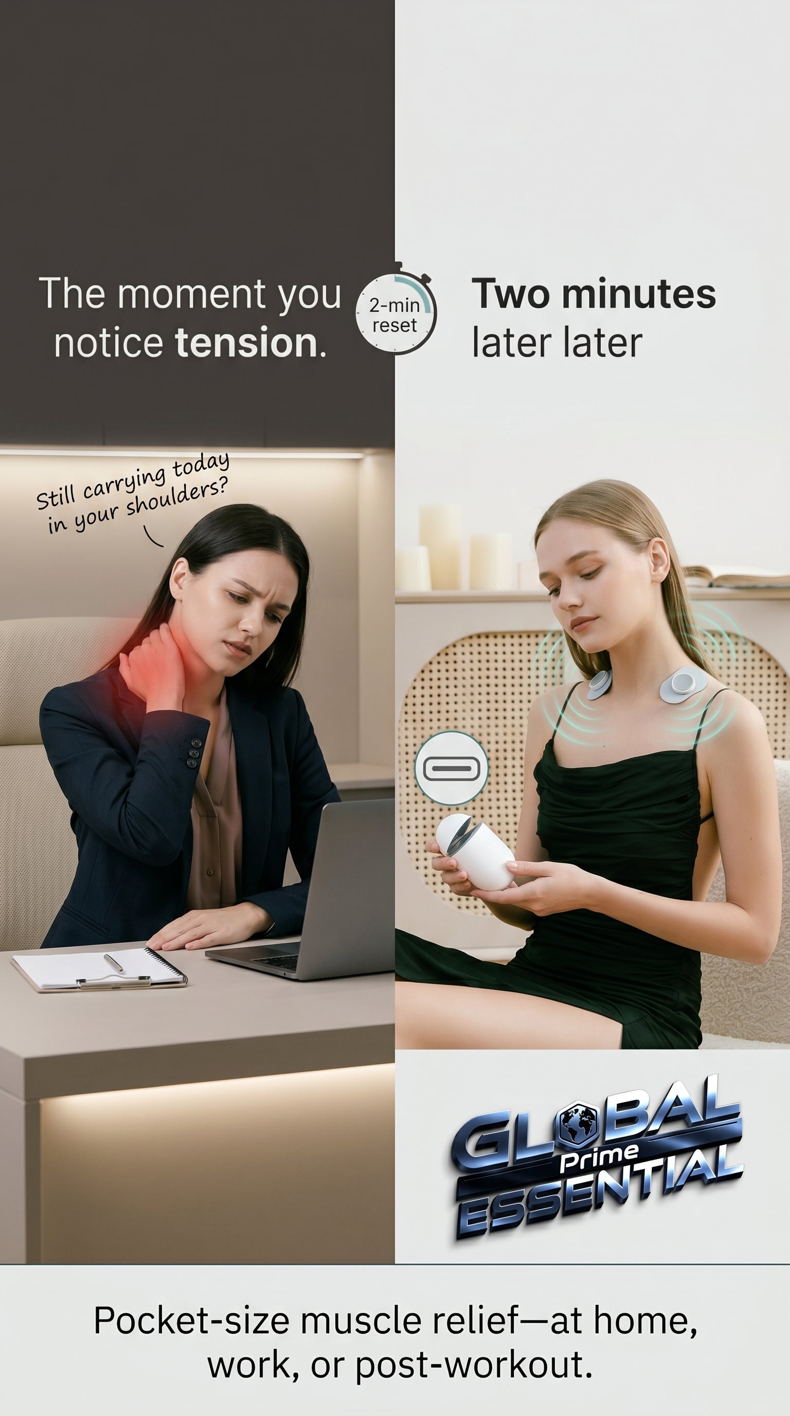 Global Prime Essential portable pulse EMS massager for muscle relief, shown in use for quick muscle reset on the go.