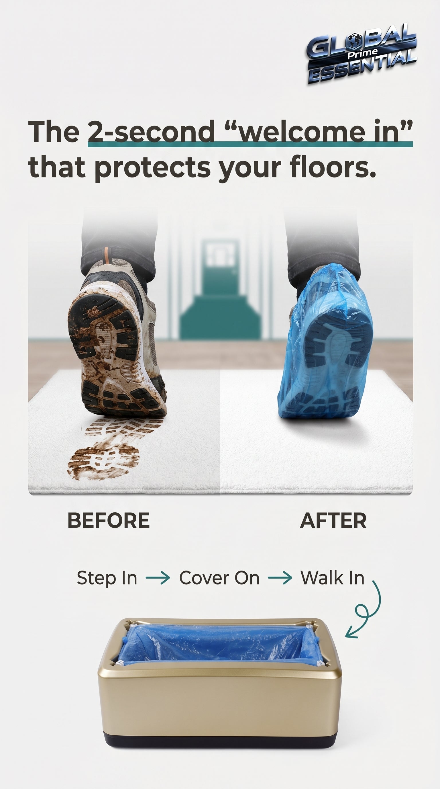 Global Prime Essential automatic shoes cover dispenser shown dispensing shoe covers for quick, hygienic floor protection.