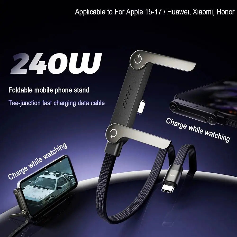 Global Prime Essential 2-in-1 charging cable stand holding phone and tablet with integrated charger for convenient device organization.