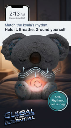 Global Prime Essential Breathing Koala stress relief toy with closed eyes, soft plush body, and calming design for relaxation.