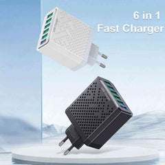 6-in-1 USB Fast Charger Adapter – QC3.0, 6 Ports, EU/US/UK/KR Plug, Multi-Device Charging