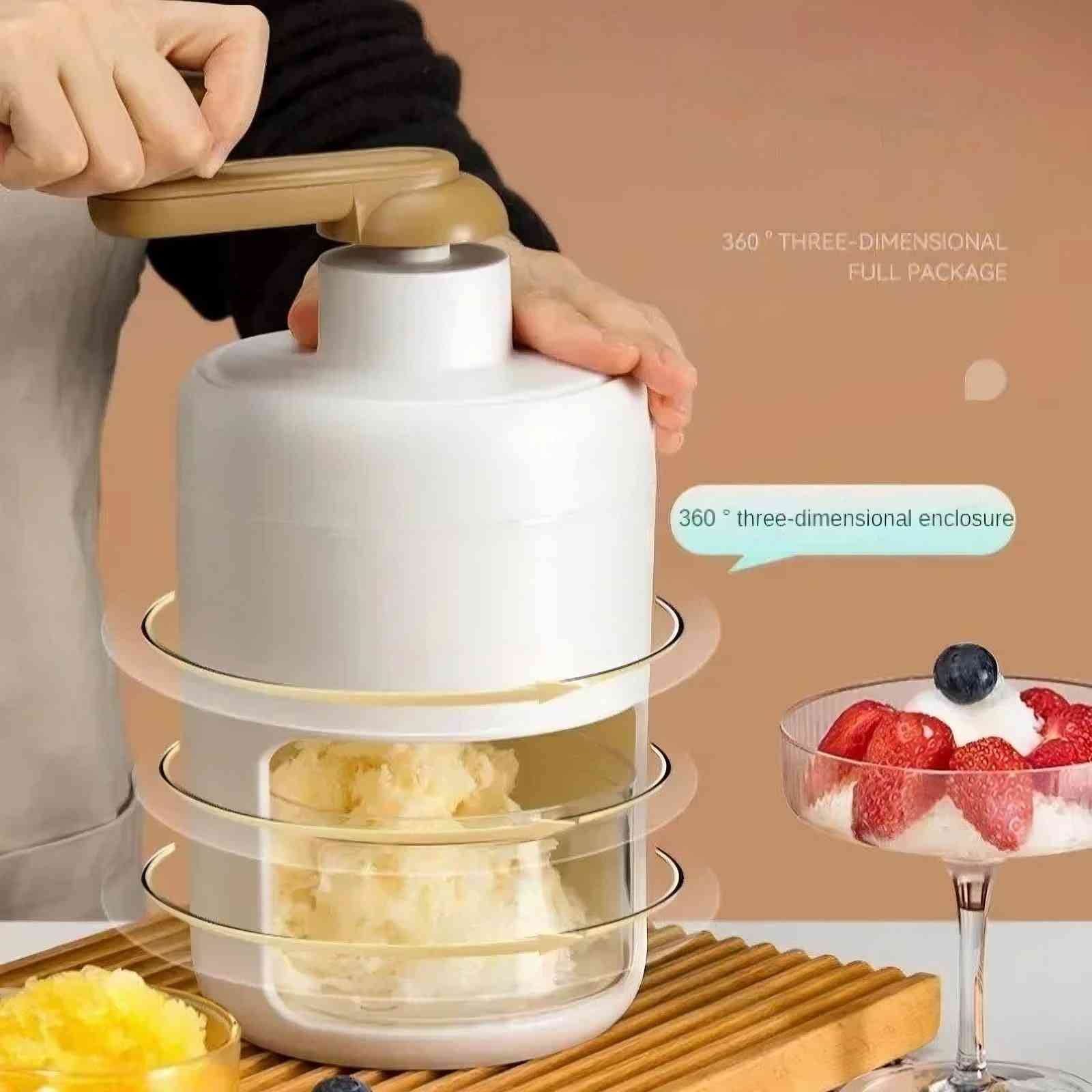Global Prime Essential hand crank ice crusher and slushie maker with metal blades and plastic container for crushed ice and snow cones.