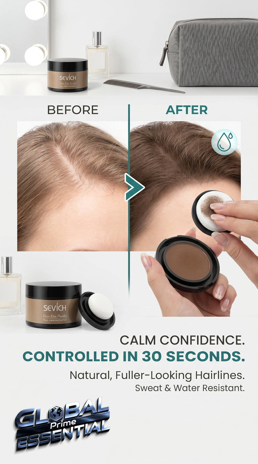 Global Prime Essential Hairline Powder for instant root filling, thinning areas, and natural-looking sparse hairline coverage.