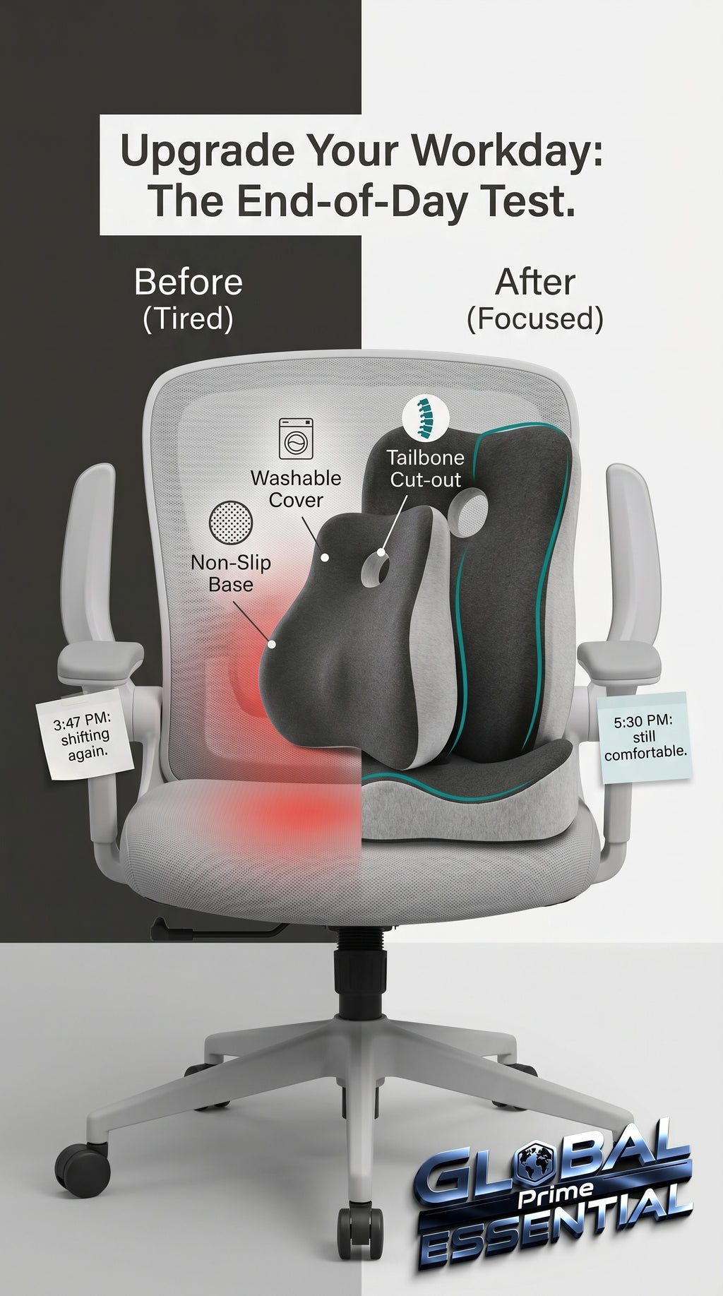 Global Prime Essential memory foam office chair cushion offering ergonomic support for comfortable seating.