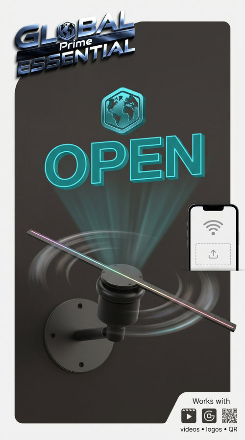Global Prime Essential 3D hologram fan displaying a floating 3D image for shops, events, and home use.