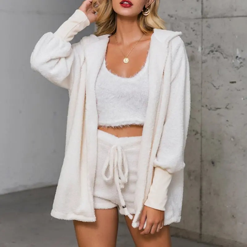 Women’s 3-Piece Knit Pajama Set – V-Neck Crop Top, Long Sleeve & Shorts, Cozy Loungewear