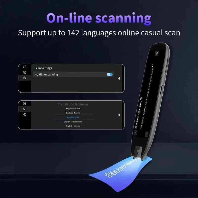 Global Prime Essential Scan Translator Pen showing IPS screen with 131 languages, offline mode, and recording function in an office setting.