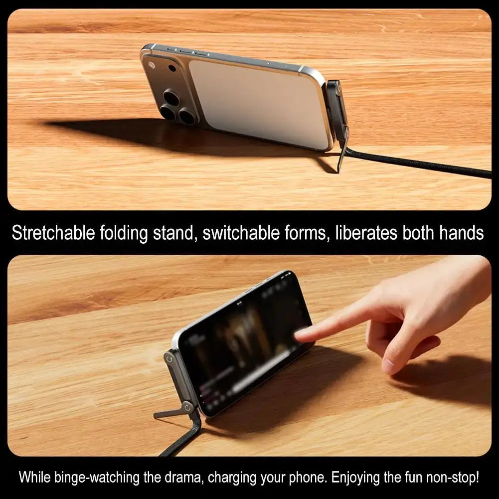 Global Prime Essential 2-in-1 charging cable stand holding a phone and tablet with integrated charger, black plastic design.