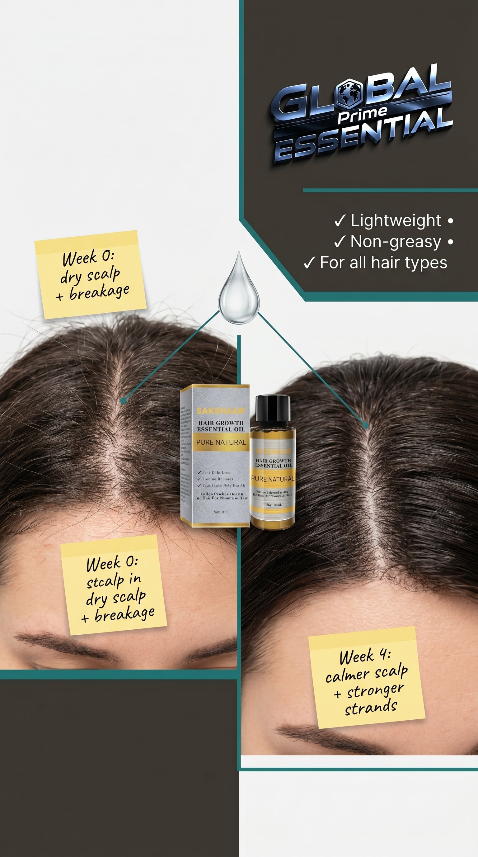 Global Prime Essential Hair Growth Oil bottle next to a hairbrush, showcasing nourishing scalp treatment for thicker, fuller hair.