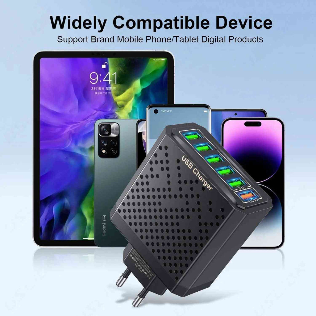 6-in-1 USB Fast Charger Adapter – QC3.0, 6 Ports, EU/US/UK/KR Plug, Multi-Device Charging