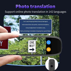 Global Prime Essential Scan Translator Pen displaying its IPS screen, with offline mode and recording features, designed for office use.