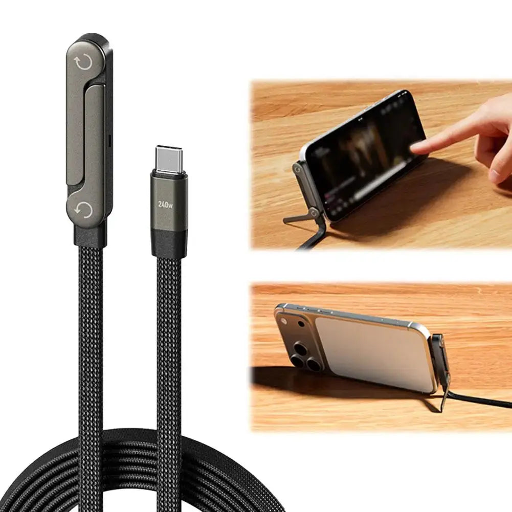 Global Prime Essential 2-in-1 charging cable stand holding a phone and tablet with integrated charger, compact and practical accessory.