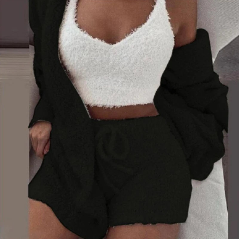 Women’s 3-Piece Knit Pajama Set – V-Neck Crop Top, Long Sleeve & Shorts, Cozy Loungewear
