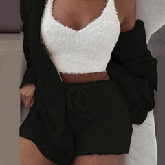 Women’s 3-Piece Knit Pajama Set – V-Neck Crop Top, Long Sleeve & Shorts, Cozy Loungewear