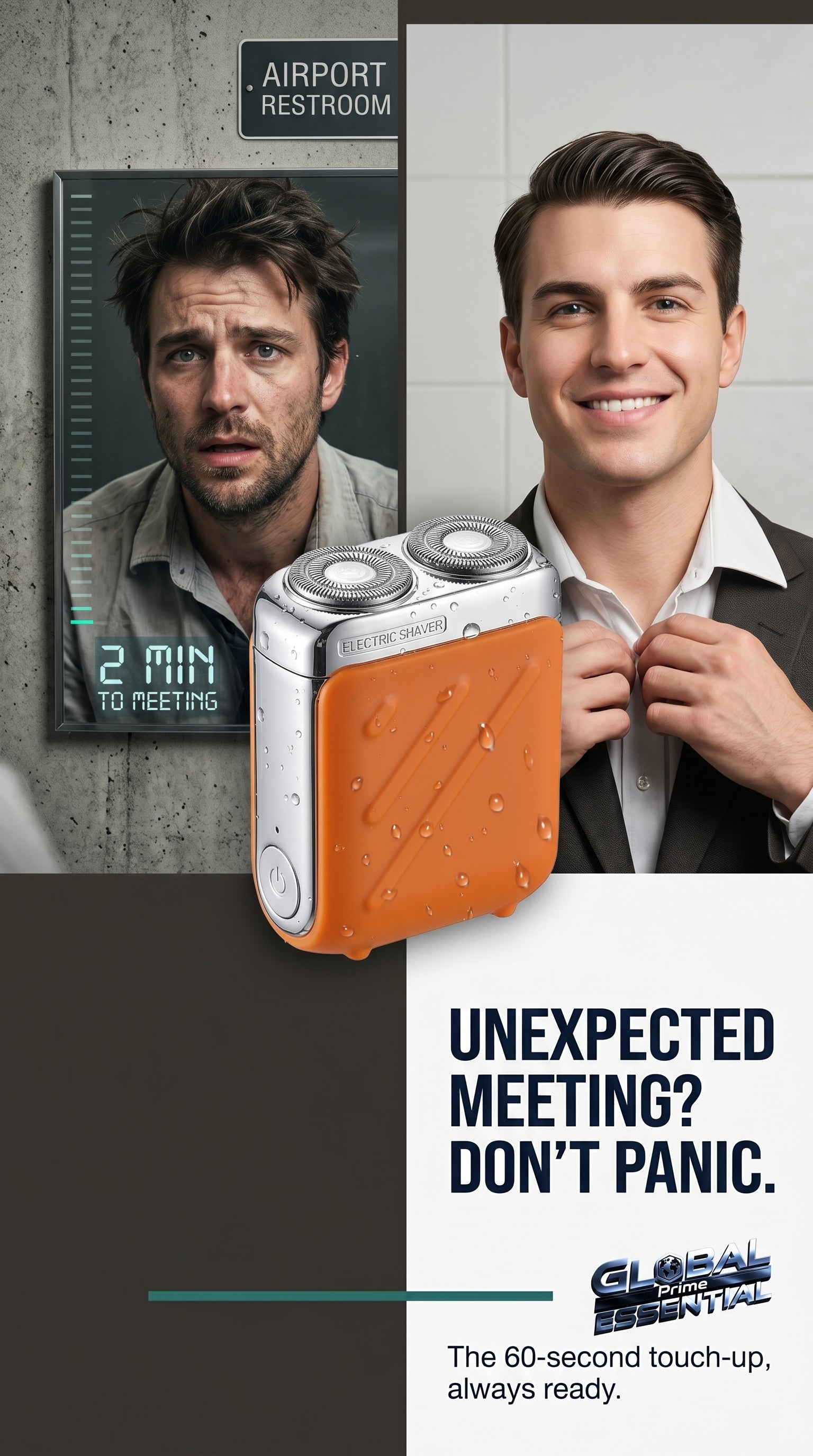 Global Prime Essential mini waterproof electric shaver with a sleek design for quick, smooth grooming in wet or dry conditions.