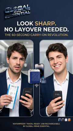 Global Prime Essential mini waterproof electric shaver with a sleek design, ideal for quick, confident 60-second grooming.