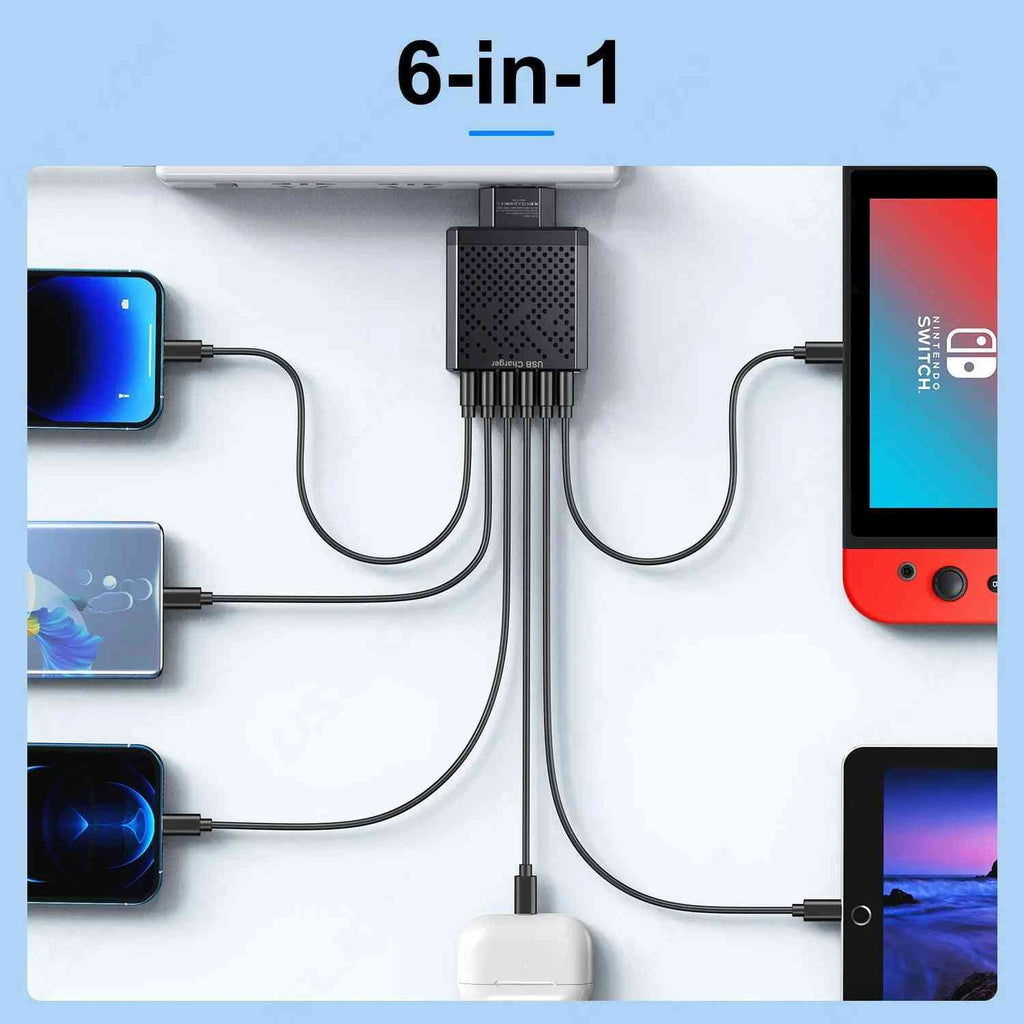 6-in-1 USB Fast Charger Adapter – QC3.0, 6 Ports, EU/US/UK/KR Plug, Multi-Device Charging