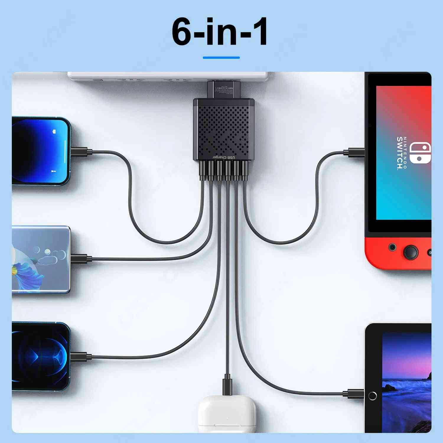 6-in-1 USB Fast Charger Adapter – QC3.0, 6 Ports, EU/US/UK/KR Plug, Multi-Device Charging