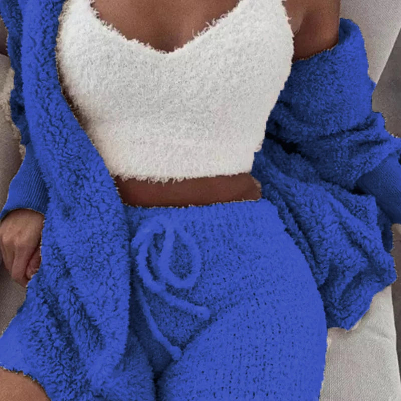 Women’s 3-Piece Knit Pajama Set – V-Neck Crop Top, Long Sleeve & Shorts, Cozy Loungewear