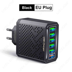 6-in-1 USB Fast Charger Adapter – QC3.0, 6 Ports, EU/US/UK/KR Plug, Multi-Device Charging
