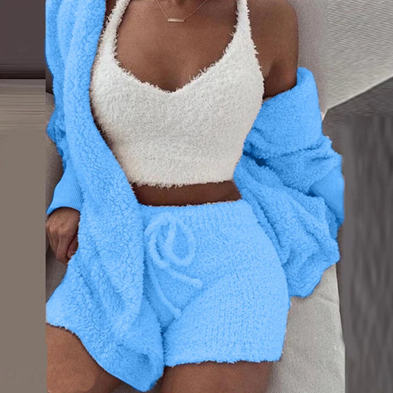 Women’s 3-Piece Knit Pajama Set – V-Neck Crop Top, Long Sleeve & Shorts, Cozy Loungewear
