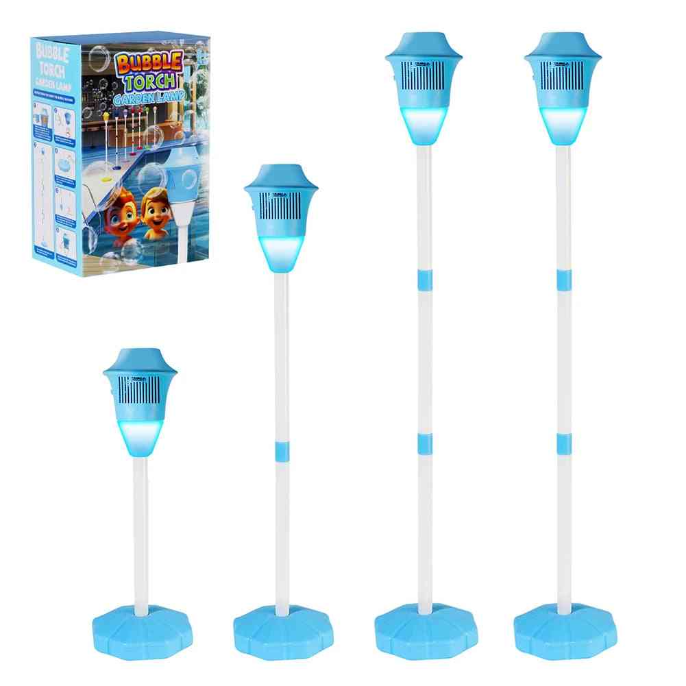 Global Prime Essential standing bubble machine for kids with LED lights, music, adjustable height, and battery power.