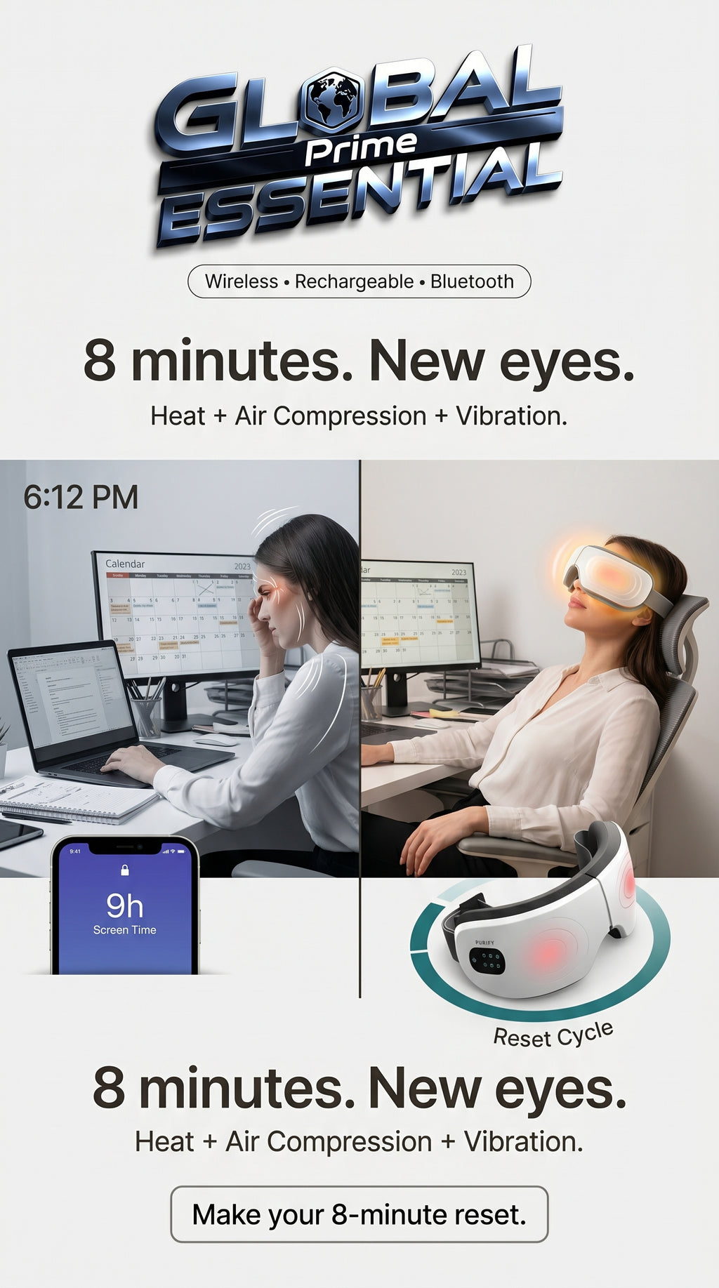 Global Prime Essential electric eye massager with a user-friendly design for 8-minute eye reset and screen strain relief.