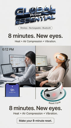 Global Prime Essential electric eye massager with a user-friendly design for 8-minute eye reset and screen strain relief.