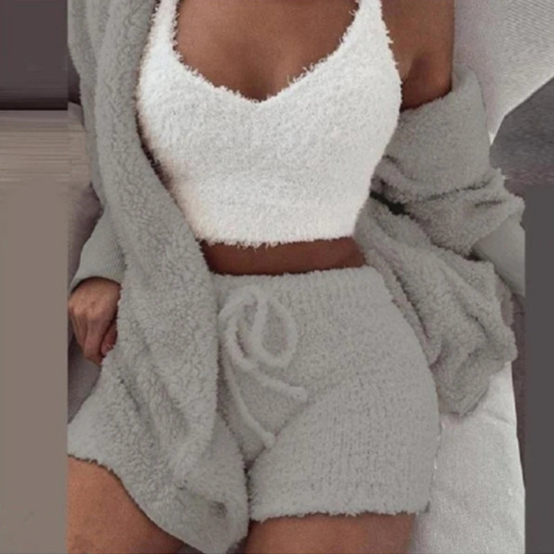 Women’s 3-Piece Knit Pajama Set – V-Neck Crop Top, Long Sleeve & Shorts, Cozy Loungewear