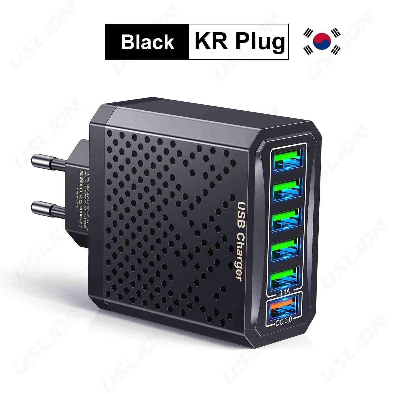 6-in-1 USB Fast Charger Adapter – QC3.0, 6 Ports, EU/US/UK/KR Plug, Multi-Device Charging