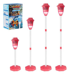 Global Prime Essential standing bubble machine for kids with LED lights, music, adjustable height, and battery-powered operation.
